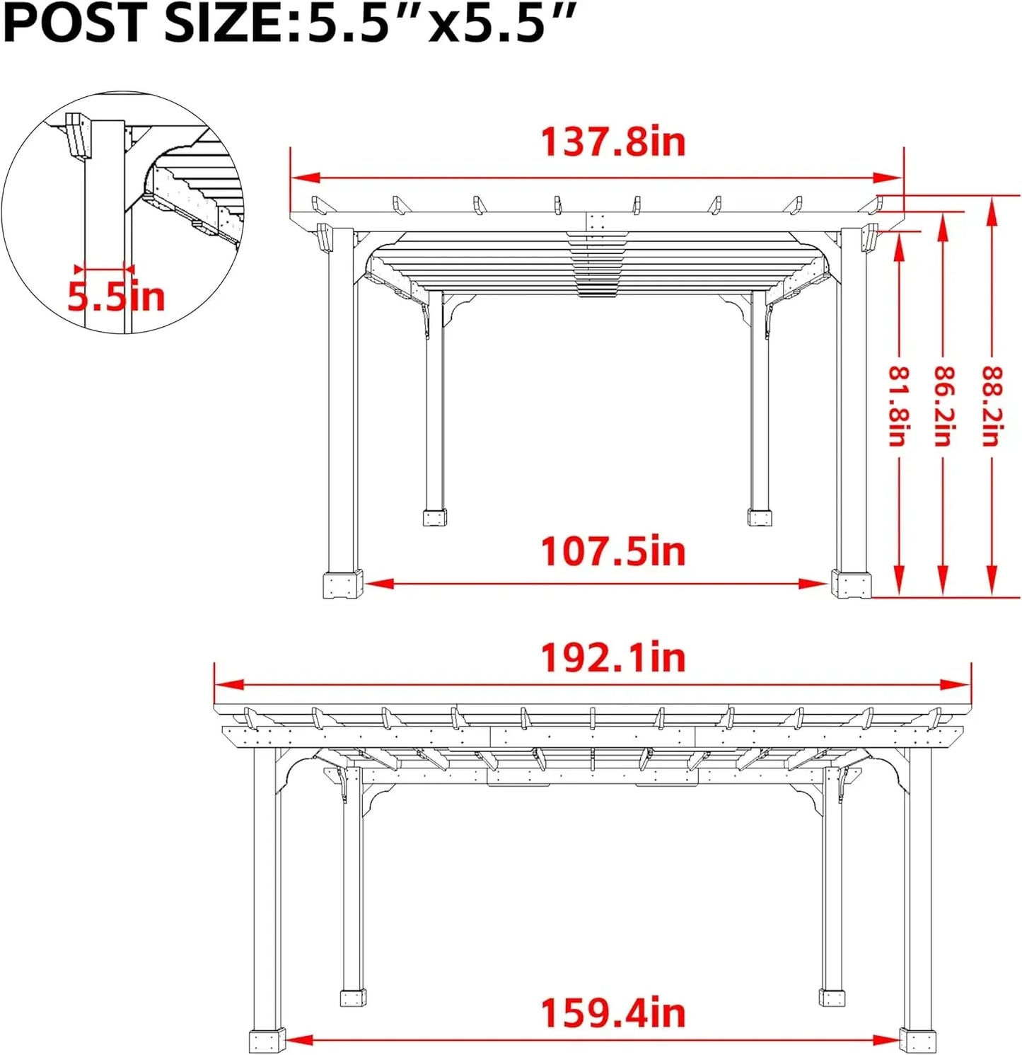 12x16 FT Wooden Pergola – Cedar Wood Gazebo with Flat Roof, Outdoor Garden Shelter with Stakes for Patio, Deck, Backyard & Lawn