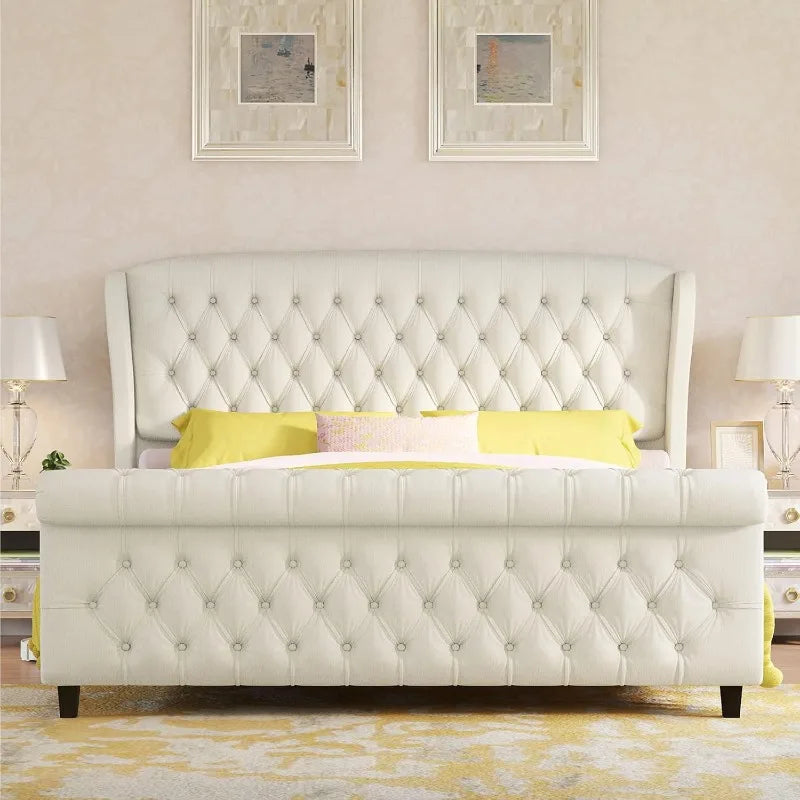 King Size Chenille Upholstered Sleigh Platform Bed, Curved Headboard & Footboard, Tufted Design