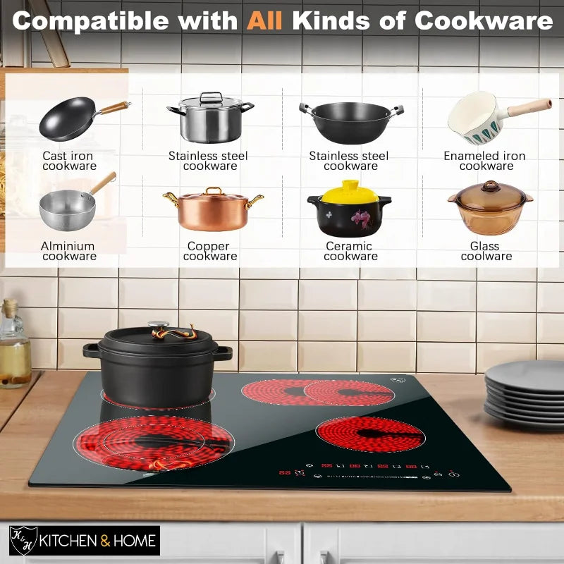 K&H 24" Built-in Electric Cooktop – 4 Burner Radiant Ceramic Stove Top, 7200W, Slider Touch Control (CE24-7206SL)