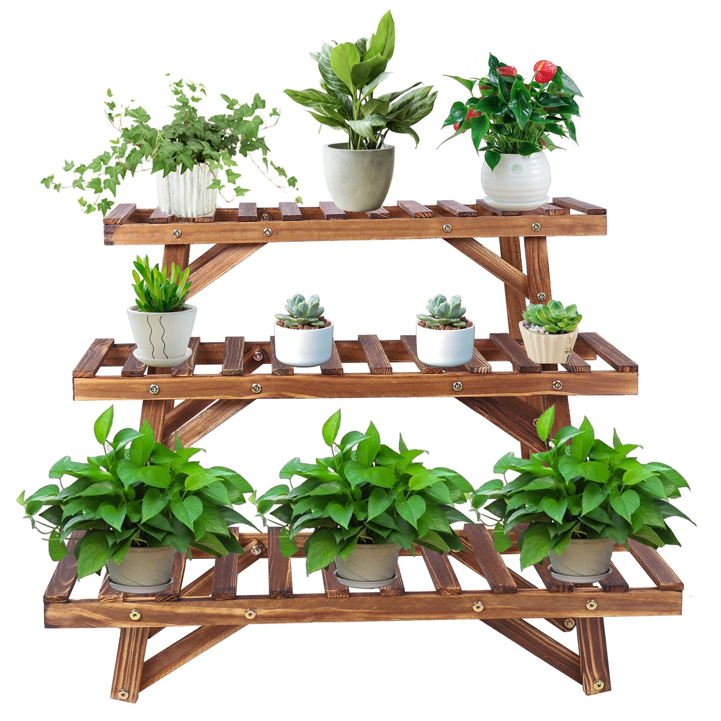 3-Tier Wood Ladder Shelf – Corner Plant Stand, Indoor/Outdoor Flower Pot Rack