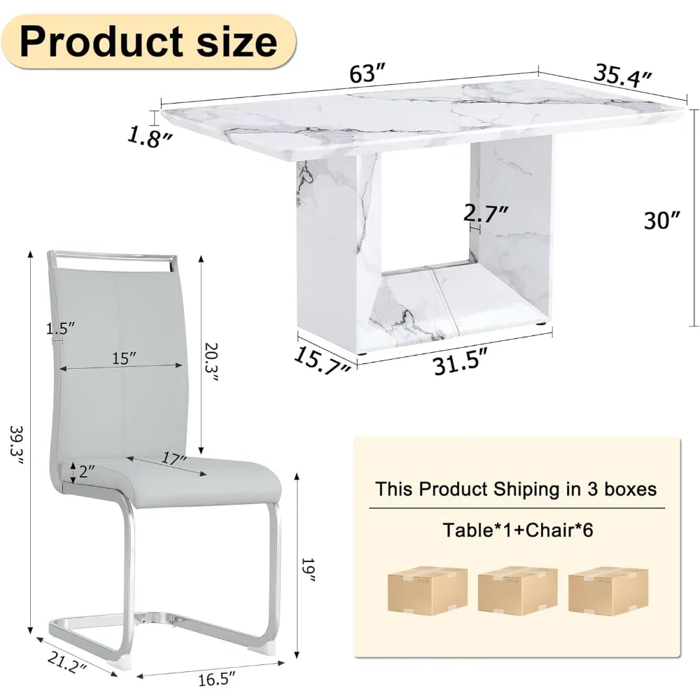 6-Piece Dining Table Set – 63" White Marble-Style Table with 6 PU Leather Chairs