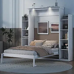 Harper & Bright Designs Full Murphy Bed with Storage Shelves, Drawers & LED Light