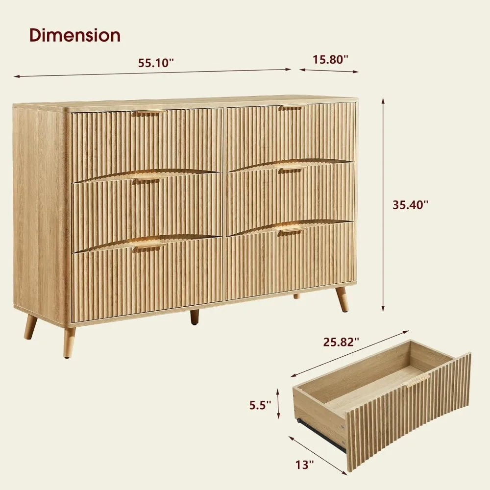 Wide 6 Drawer Light Wood Curved Dresser – Mid-Century Modern Chest