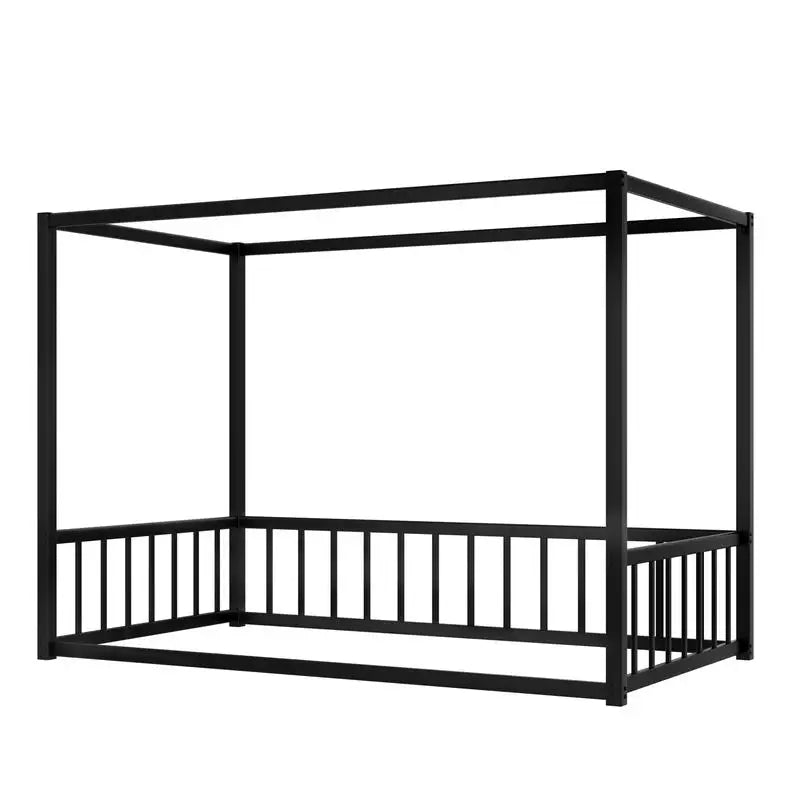 Modern Twin Size Floor Bed, Black Iron Frame, Low-Profile Design with Fence Guardrails