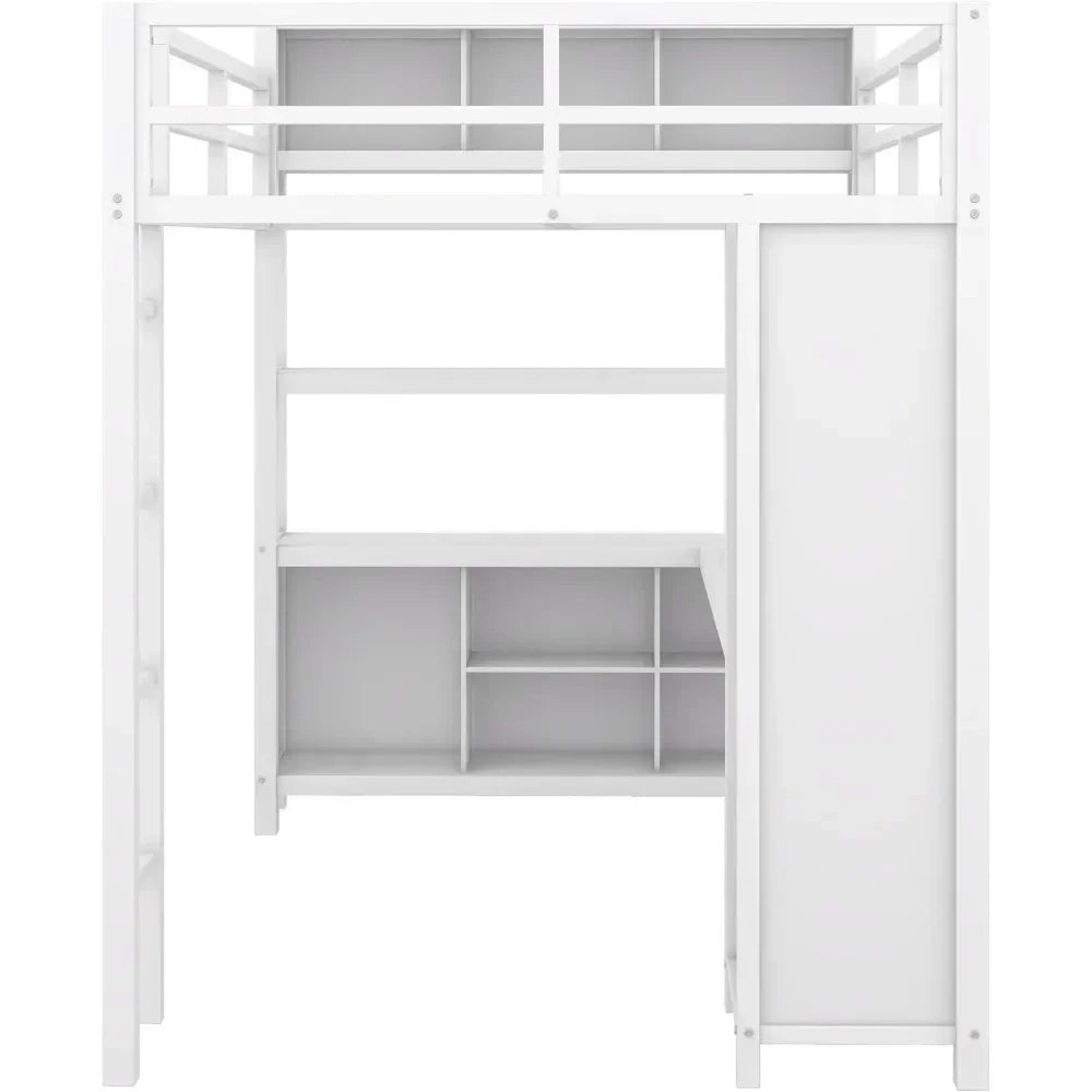 Heavy Duty Full Loft Bed with Storage Cubes, Shelves, Desk & Wardrobe