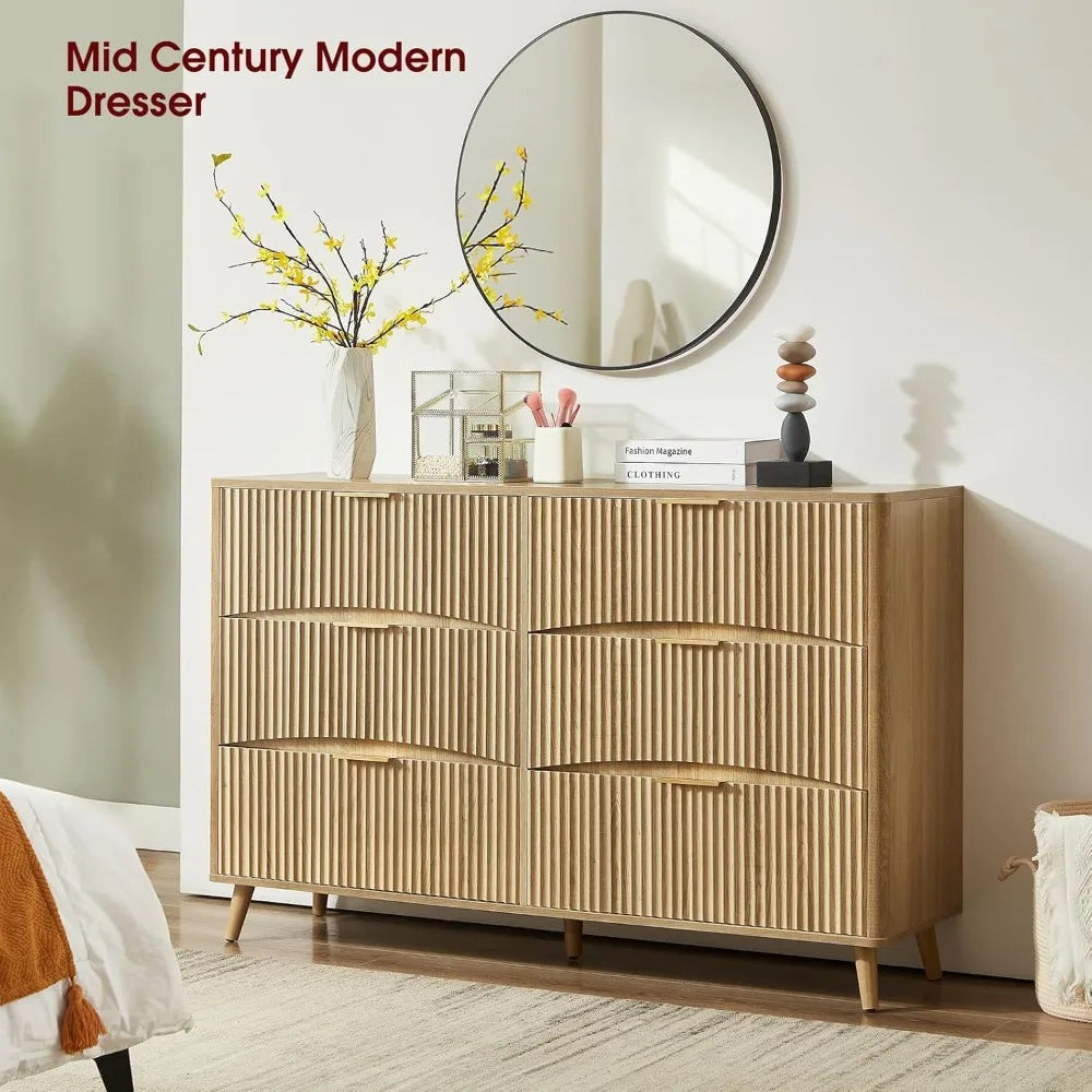 Wide 6 Drawer Light Wood Curved Dresser – Mid-Century Modern Chest