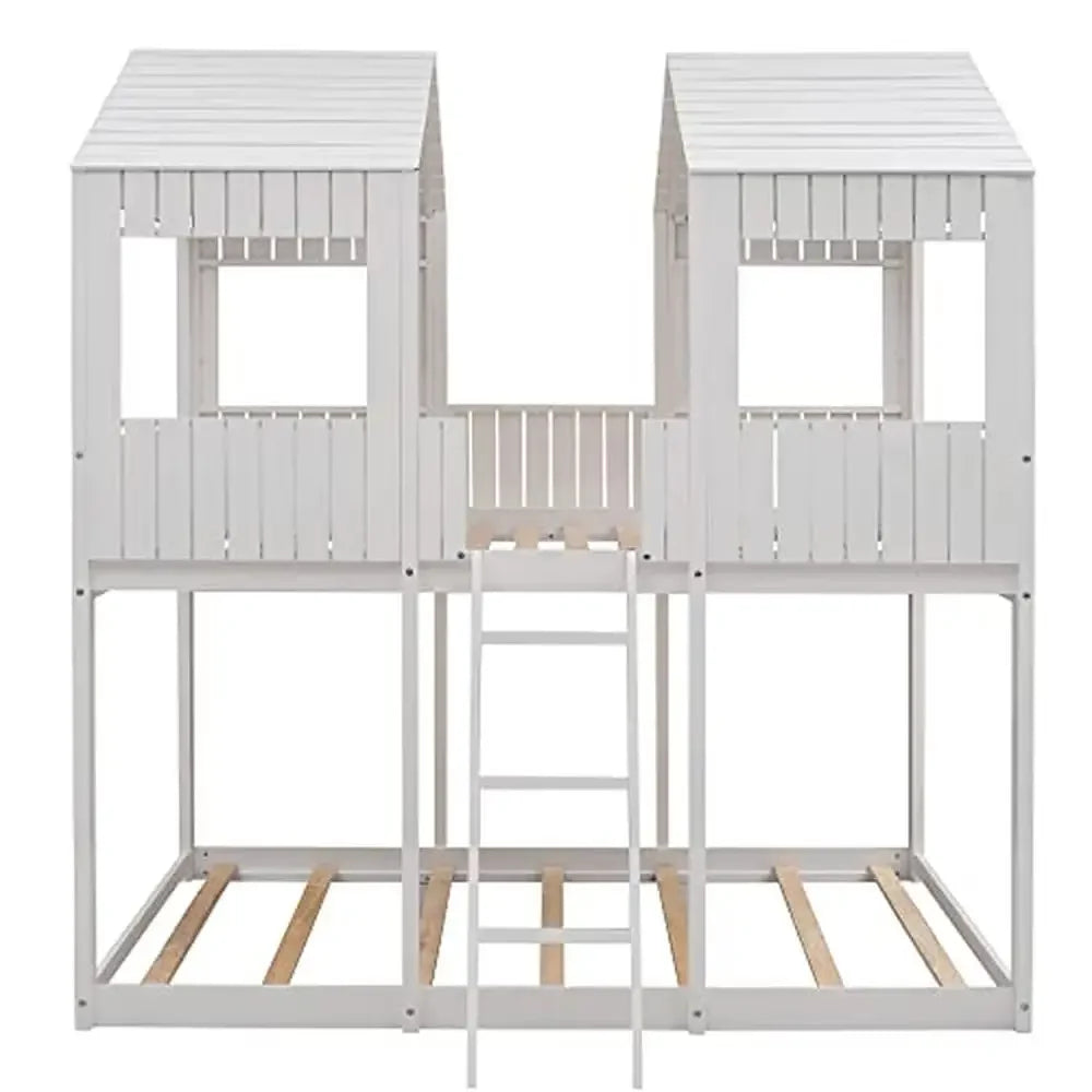 Full Size House Bunk Bed with Roof, Window, Guardrails & Ladder, White Modern Loft Design