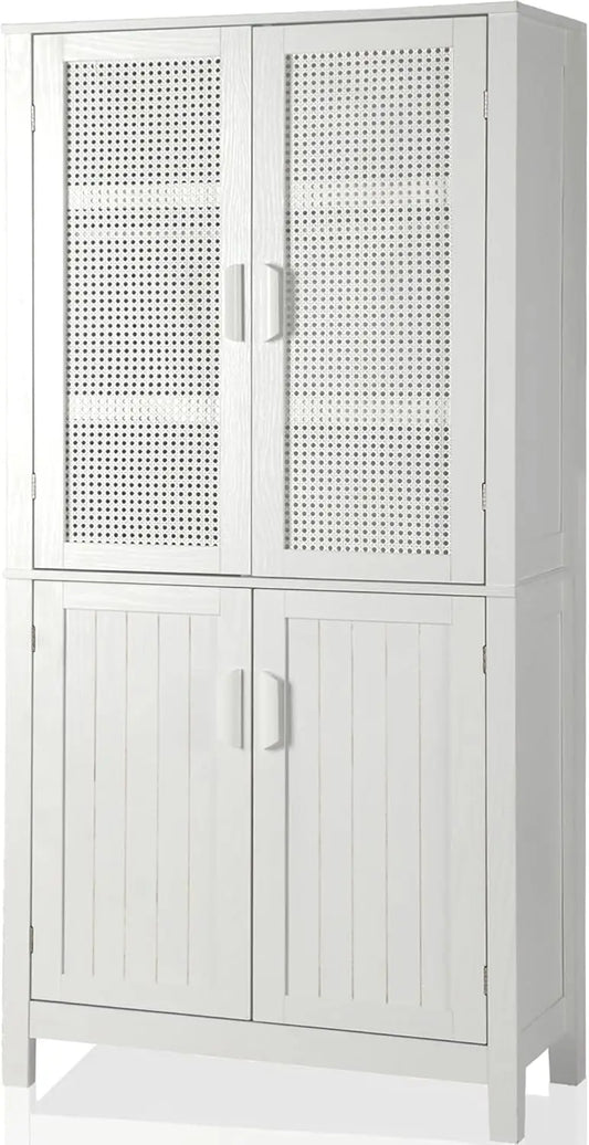 71" Kitchen Pantry Storage Cabinet – Tall Freestanding Wood Cupboard with Rattan Doors & Adjustable Shelves