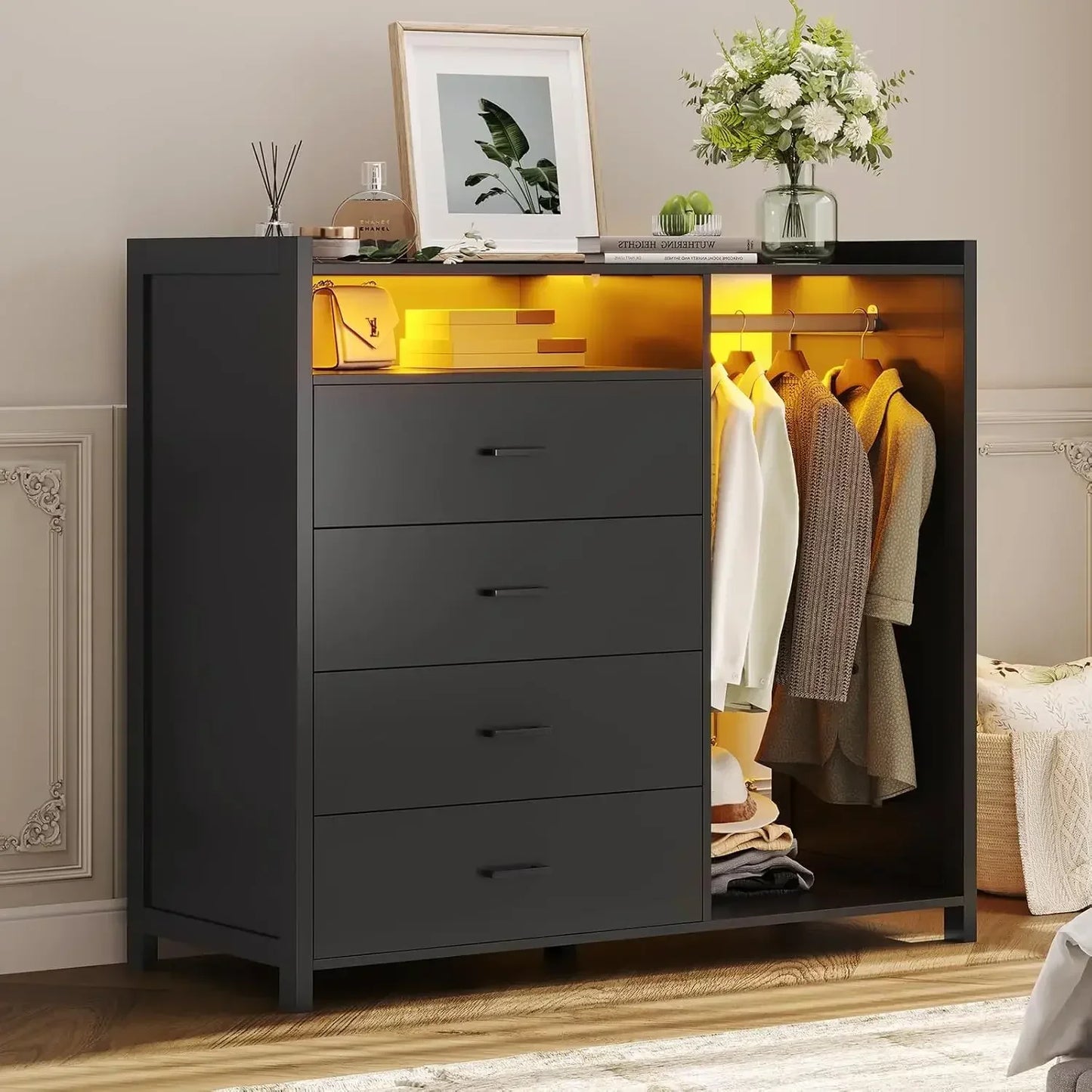 Modern Black Dresser with Clothes Rail & 4 Drawers – LED Lights & Open Storage for Bedroom or Entryway