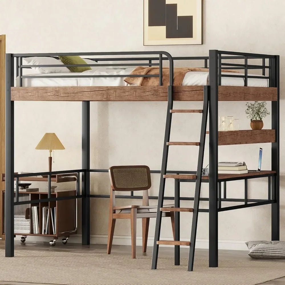 Full Size Metal Loft Bed with Desk, Storage Shelf, Built-in Ladder & Full-Length Guardrails