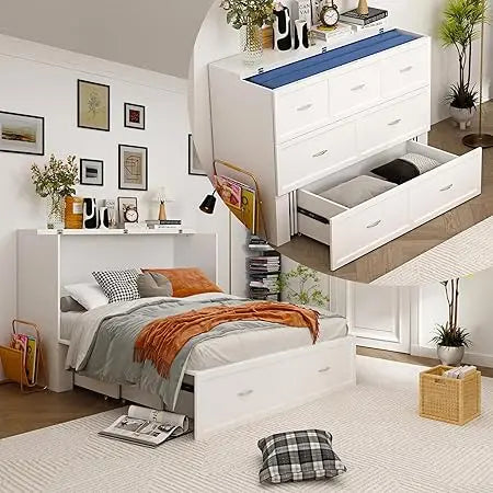 ECACAD 2-in-1 Murphy Cabinet Bed – Full Size Frame with Power Strip & 3 Storage Drawers