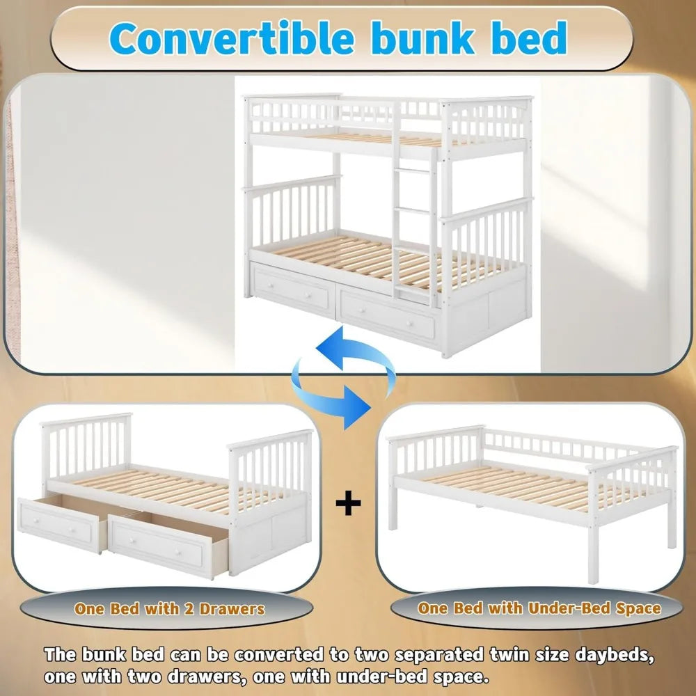 Convertible Wood Twin-Over-Twin Bunk Bed with Storage Drawers and Ladder - Can Be Divided Into Two Daybeds (White)