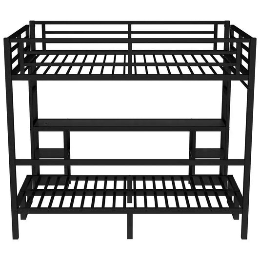 Queen over Twin XL Metal Bunk Bed – Loft with Desk, Shelves, Sofa, LED & USB (Black)