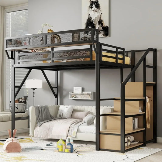 Full Size Loft Bed with Stairs – Built-In Shelf & Under-Bed Storage