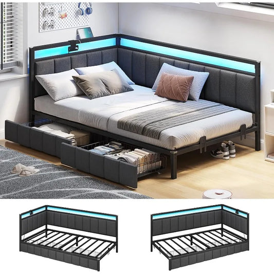 Twin Corner Daybed with Storage Drawers & LED Lighting