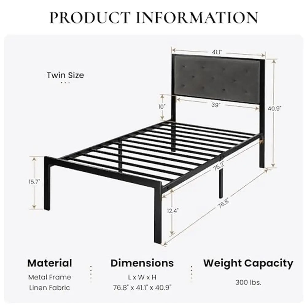 Elegant Twin Metal Platform Bed Frame – Upholstered Tufted Headboard, Strong Slat Support, No Box Spring Needed