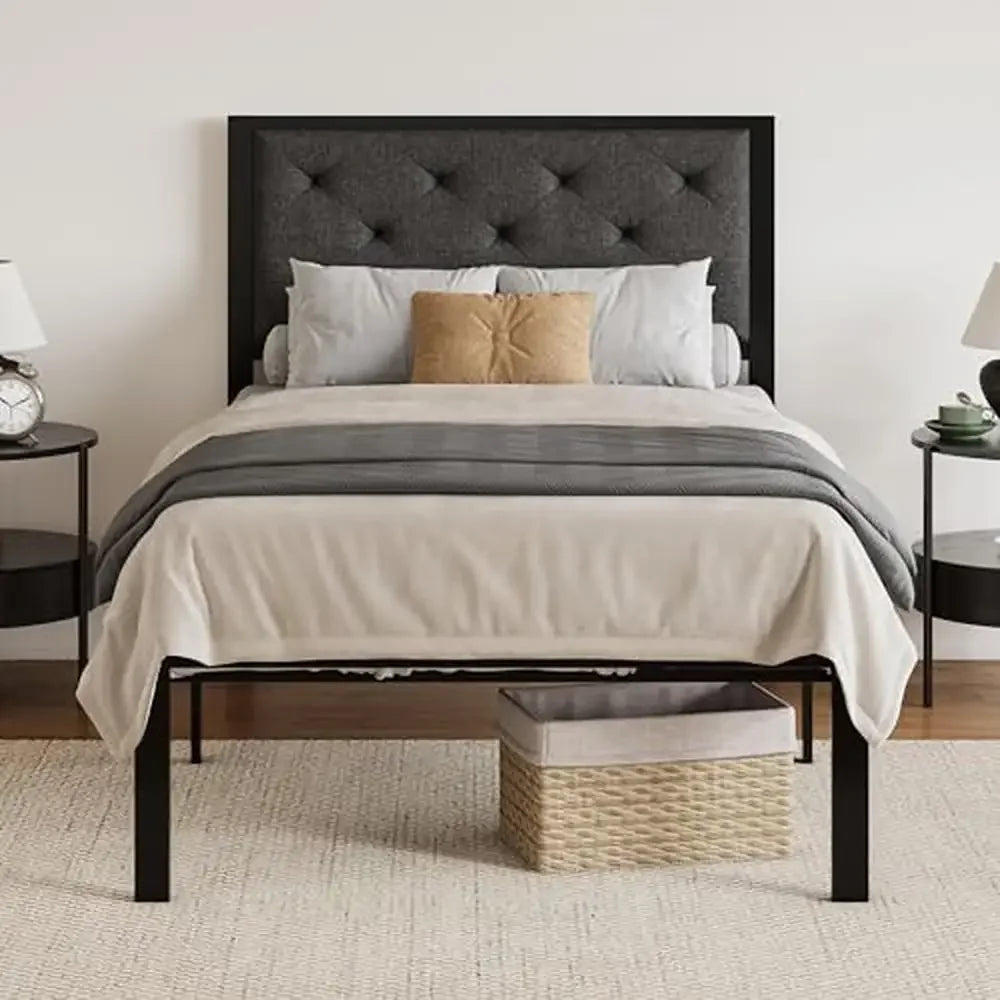 Elegant Twin Metal Platform Bed Frame – Upholstered Tufted Headboard, Strong Slat Support, No Box Spring Needed