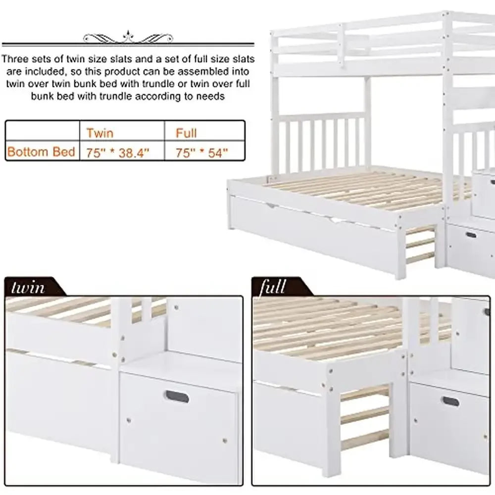 Solid Wood Twin Over Twin/Full Bunk Bed with Trundle, Storage Drawers & Staircase (Left-Side Access)