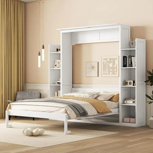 Queen Size Murphy Wall Bed – Foldable Wood Frame with Shelves & LED Lights