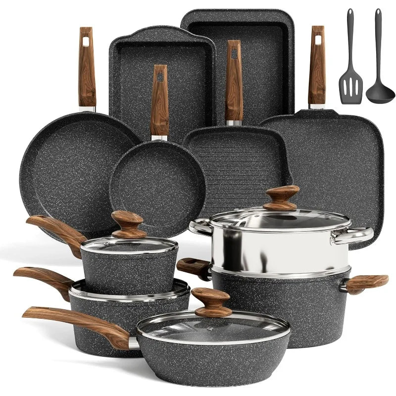 Kitchen Academy 17-Piece Induction Cookware Set – Nonstick Black Granite Pots & Pans Cooking Set