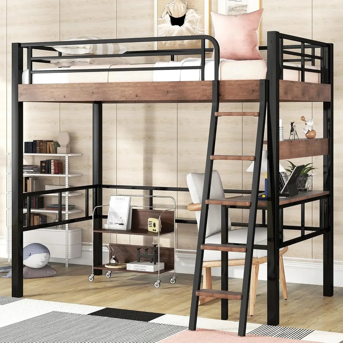 Full Size Metal Loft Bed with Desk, Storage Shelf, Built-in Ladder & Full-Length Guardrails
