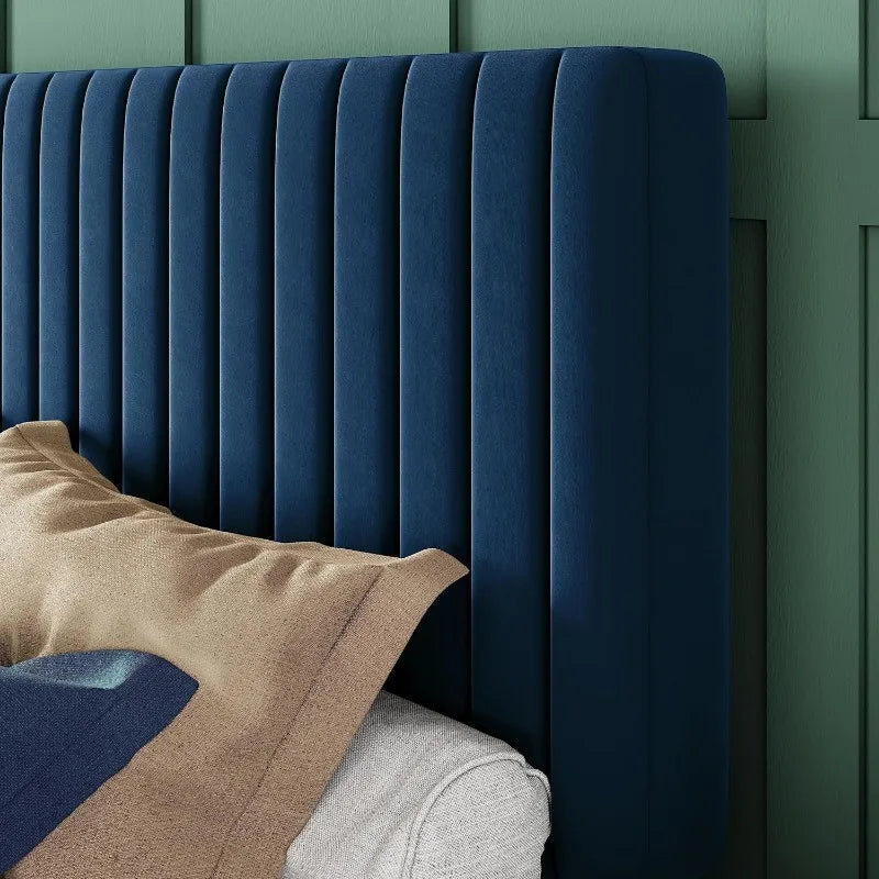 King Size Velvet Upholstered Platform Bed, Adjustable Channel Tufted Headboard, Navy Blue