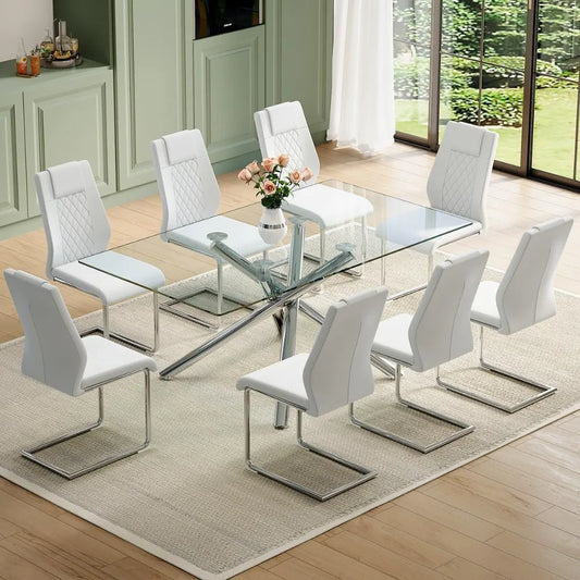 Glass Dining Table Set for 8 – 71" Rectangular Silver Kitchen Table with PU Leather Dining Chairs