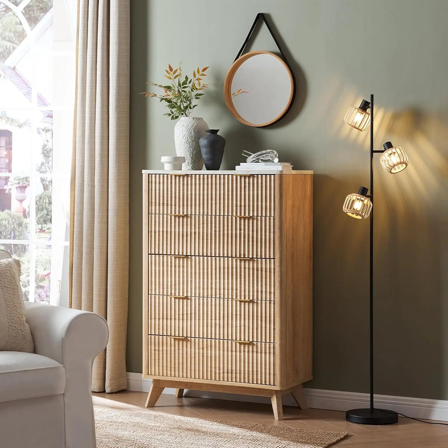 Fluted 5-Drawer Modern Dresser – 48" Tall Chest with Faux Marble Top