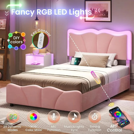 Twin Velvet Upholstered Platform Bed Frame with LED Headboard, 4 Storage Drawers & Adjustable Height