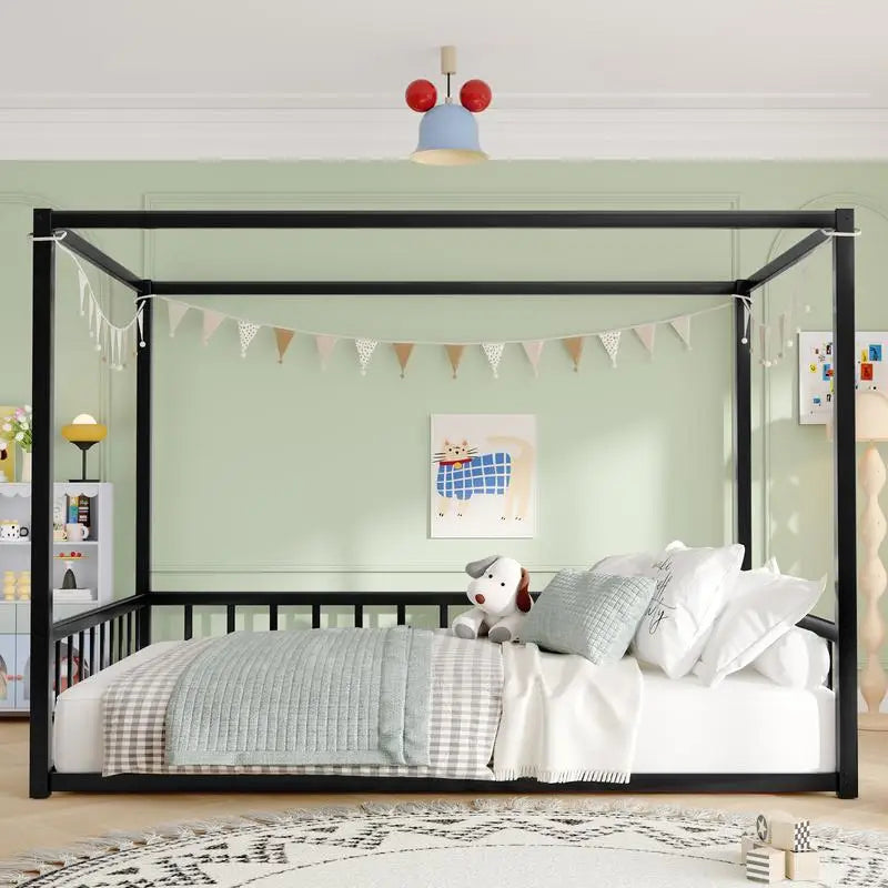 Full Size Sunshade Floor Bed Frame, Iron Double Bed, Modern Low-Profile Design, Fence-Style Guardrails, Black Series