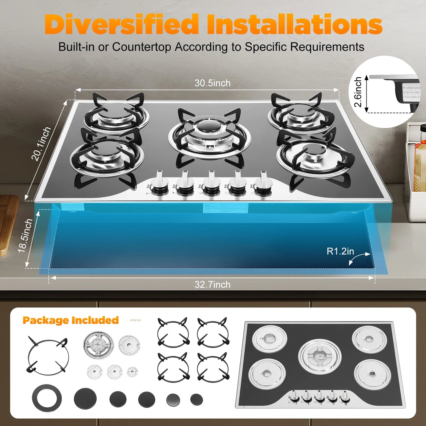 5-Burner Gas Cooktop – Built-in Tempered Glass Stove, Dual Fuel LPG/NG Countertop Cooker for Kitchen or RV