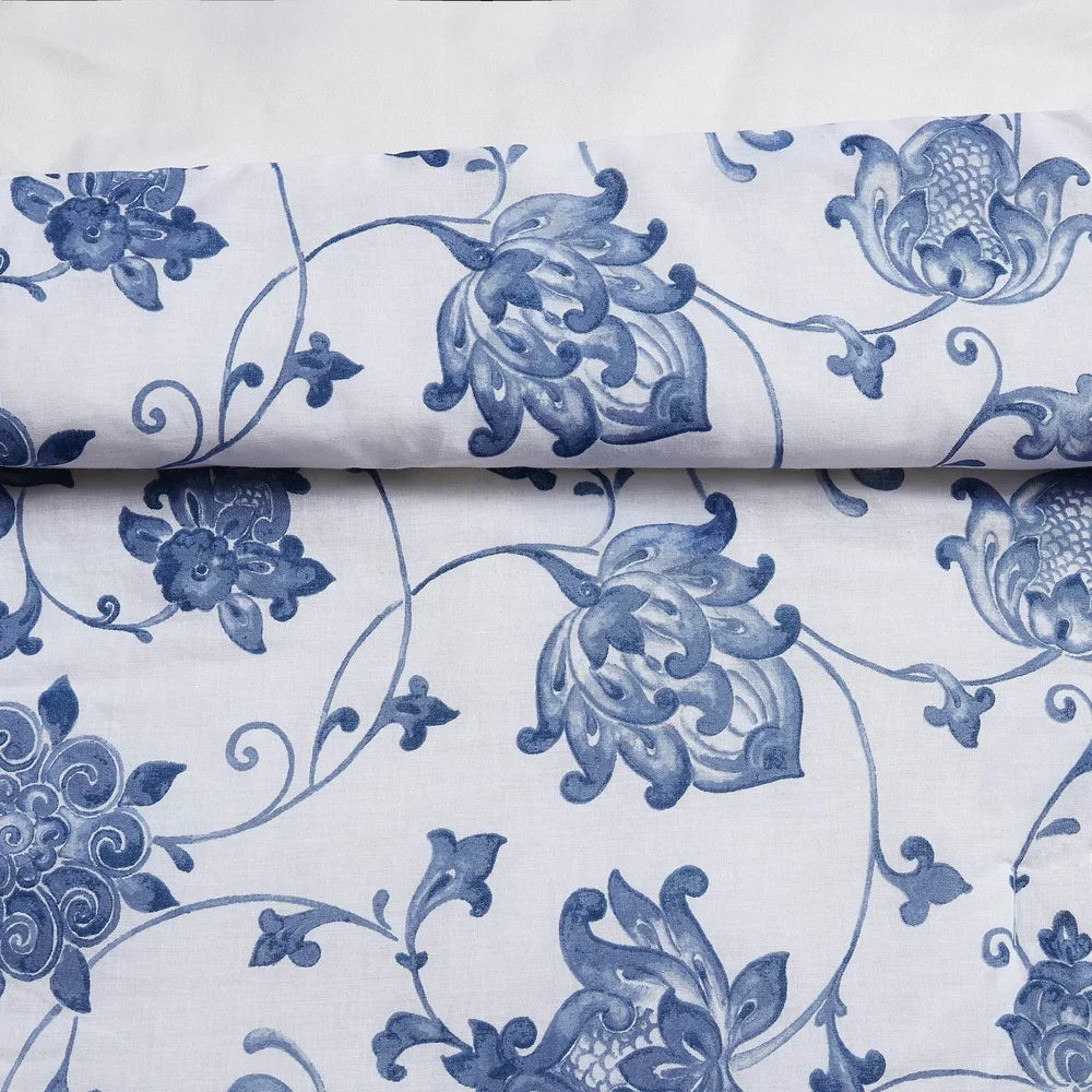 Blue Cotton Comforter Set – Twin XL, 2-Piece Floral Vine Pattern