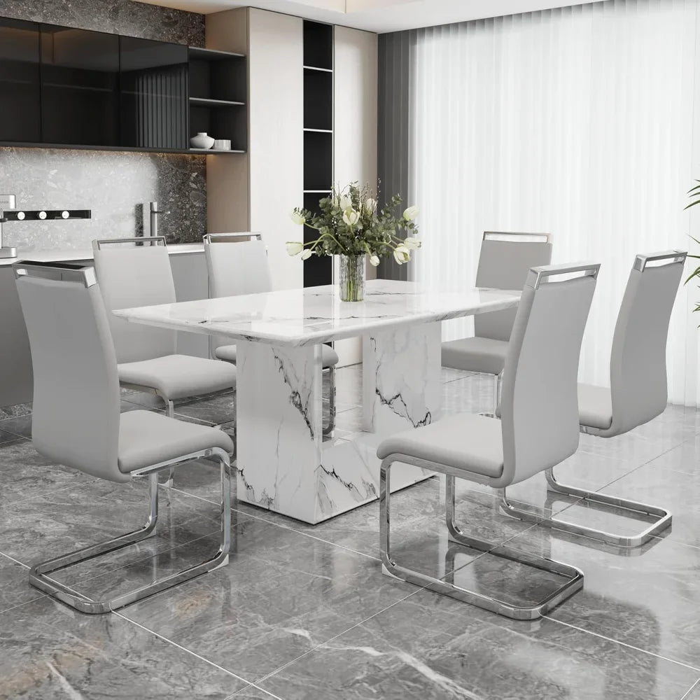 6-Piece Dining Table Set – 63" White Marble-Style Table with 6 PU Leather Chairs
