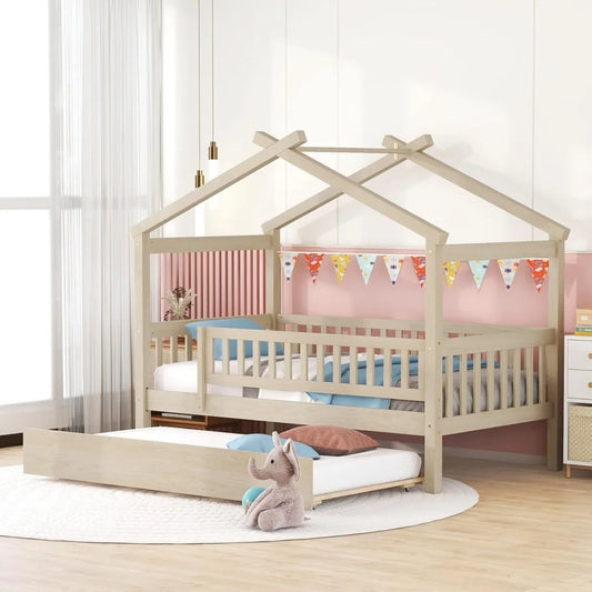 Twin Wooden House Bed with Trundle – Kids Platform Bed with Roof, Fence & Guardrail