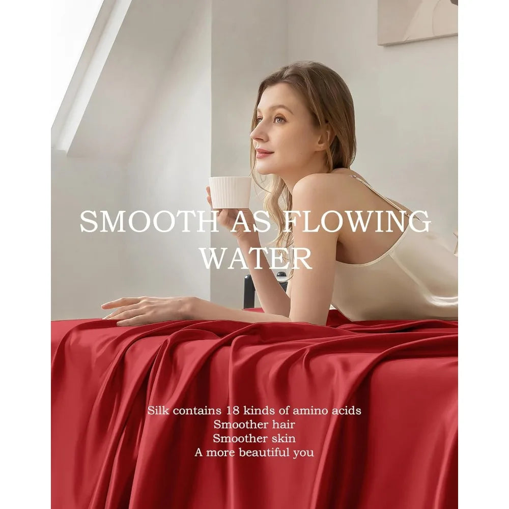 Queen 100% Mulberry Silk Sheet Set – 4-Piece Luxury Red Bedding