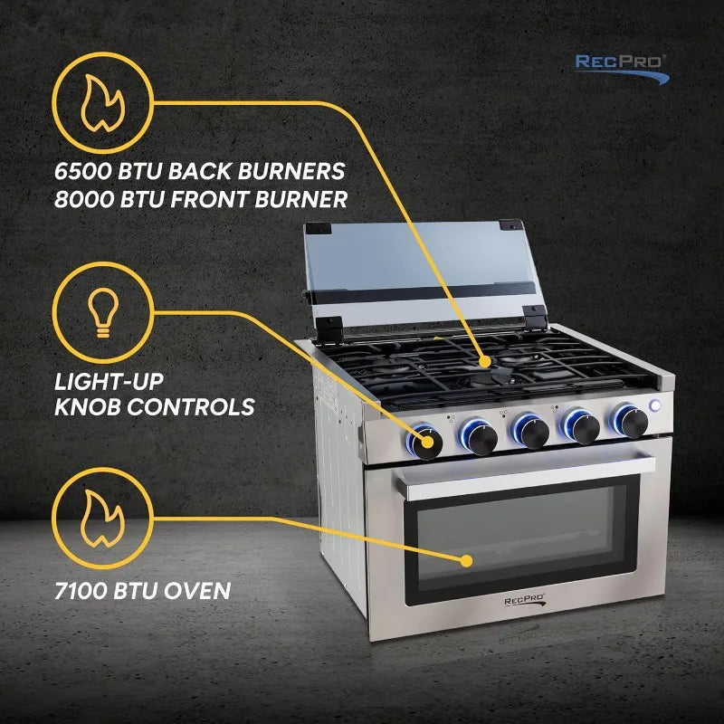 RecPro RV Stove – 17" Black Gas Range with 3 Burners (6,500 & 8,000 BTU) and 7,100 BTU Oven, 1.24 Cu. Ft. Capacity