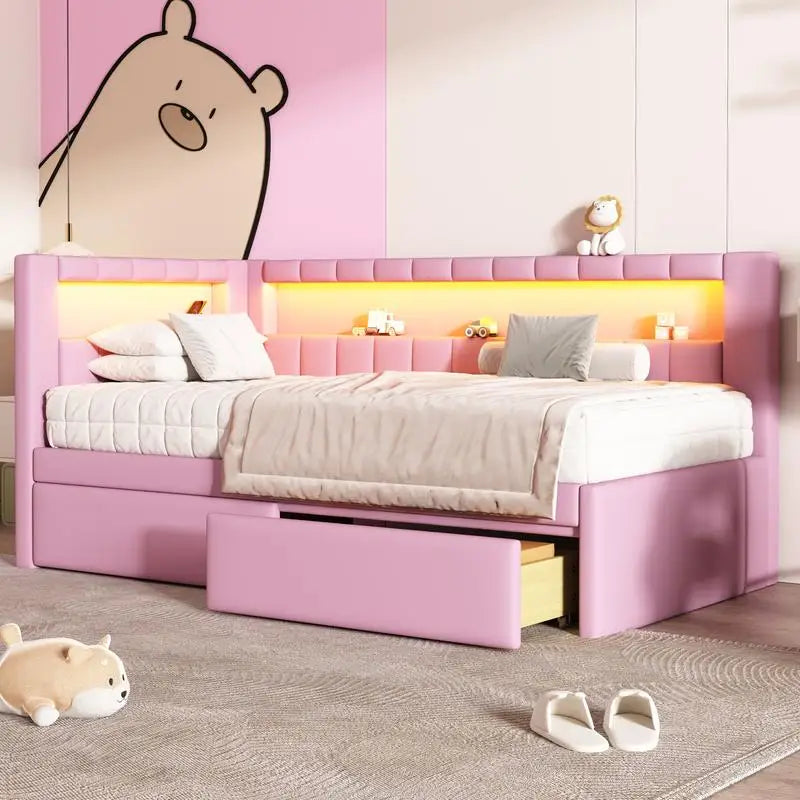 Pink Twin Upholstered Platform Bed with LED Headboard, USB Ports & 2 Storage Drawers