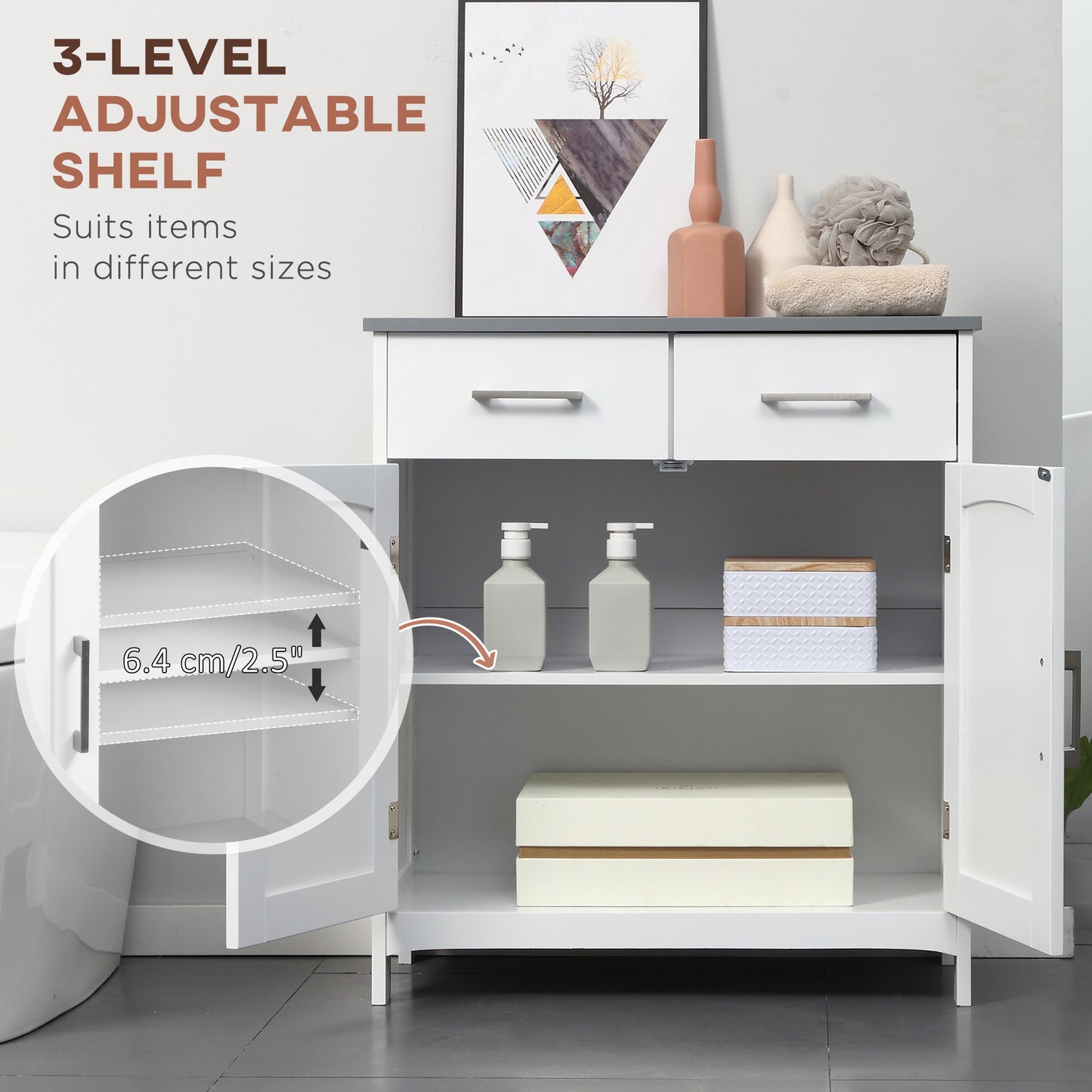 Bathroom Floor Cabinet, Freestanding Linen Cabinet, Storage Cabinet with 2 Drawers, Double Doors, Adjustable Shelf, White