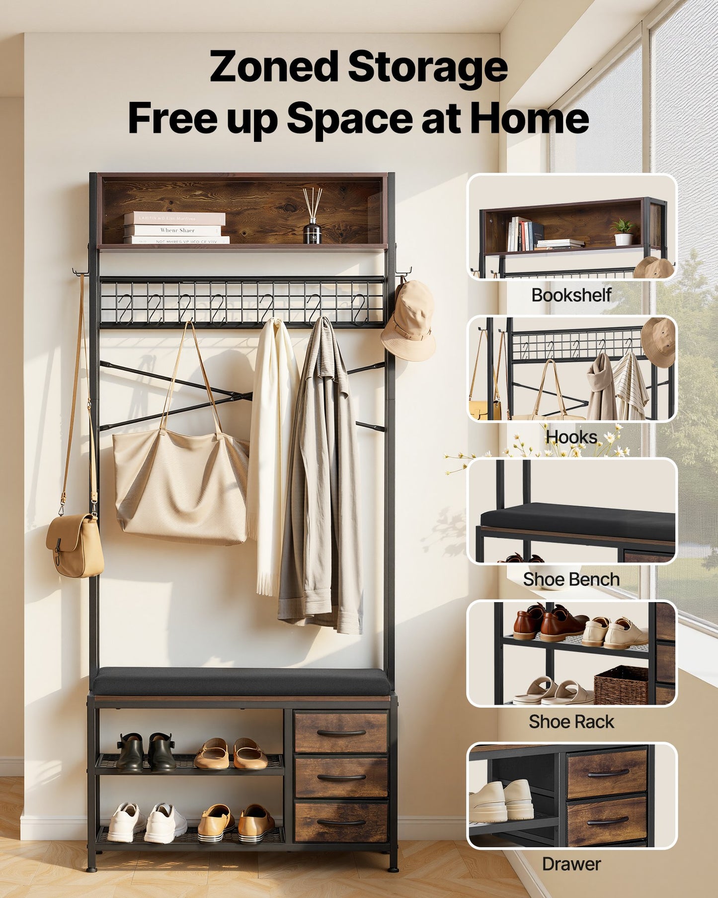 Hall Tree, 70.9 In Coat Rack With Shoe Bench & 3 Drawers, 3-in-1 Freestanding Shoe Rack Storage Organizer With Bookshelf & Wire Shelf, Steel Frame Entrance Coat Holder For Entry, Bedroom, Closet