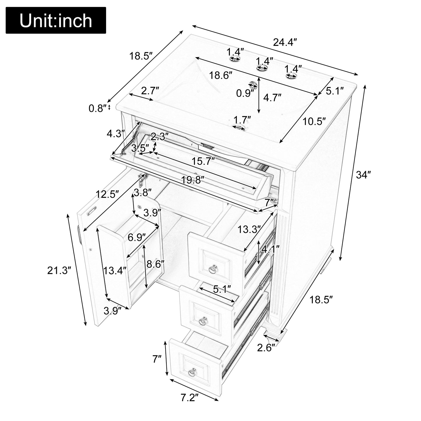 24 Inch Bathroom Vanity With Sink, White Freestanding Vanity Cabinet With Flip-Out Drawer, 3 Drawers & Storage Cabinet, Solid Wood & MDF, Ceramic Sink Top
