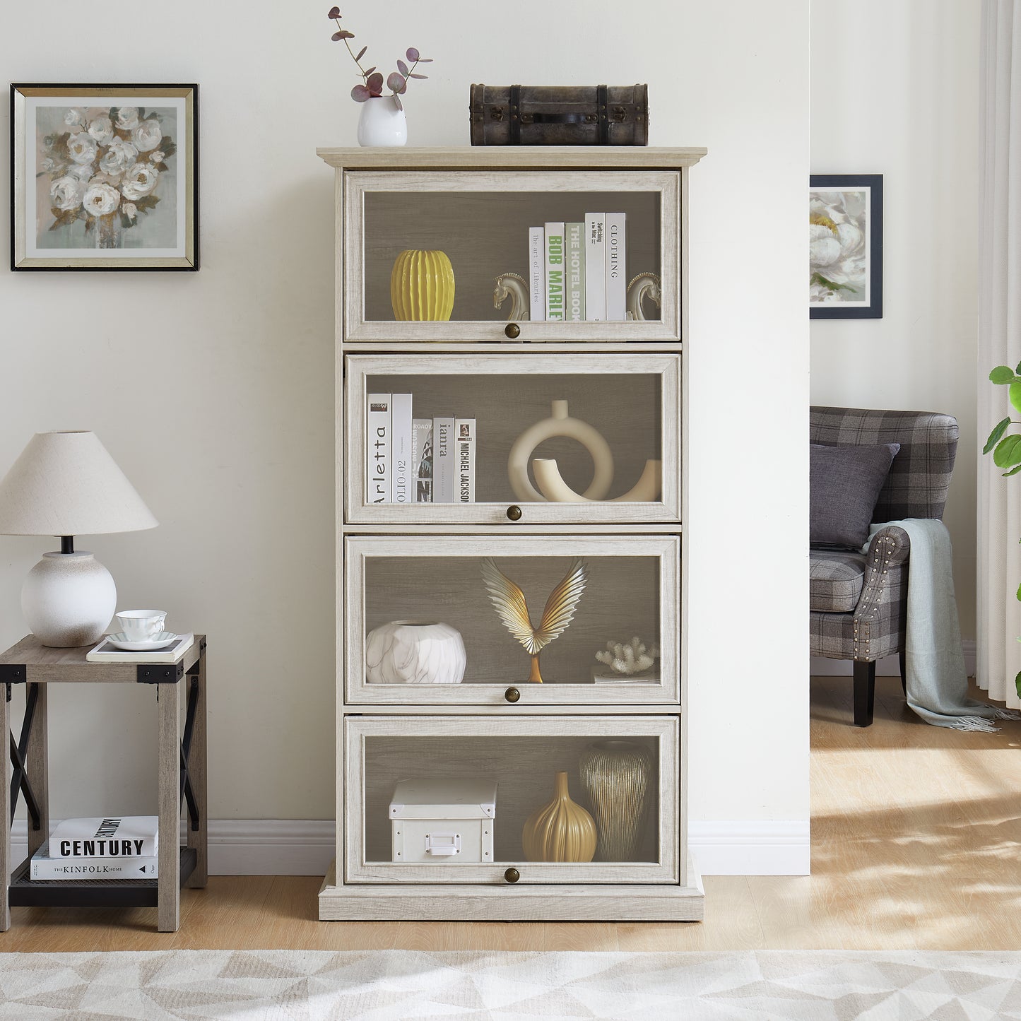 Glass Display Cabinet 4 Tier Glass Display Cabinet Storage Curio Cabinet With Flip Up Glass Doors, Collectors Showcase Toy  Organizers Rack, Bookcase For Living Room White