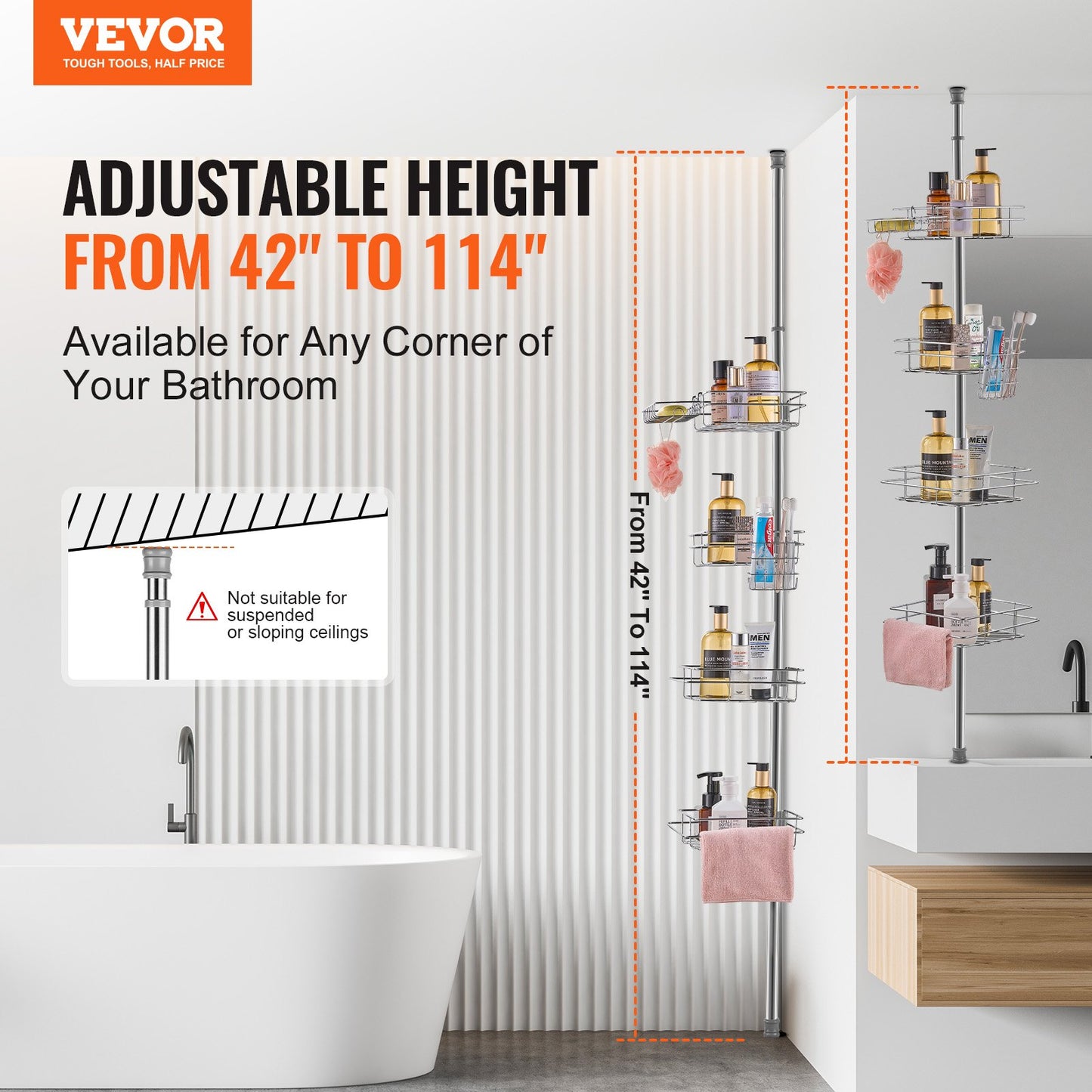 Shower Corner Caddy Tension Pole, 42in To 114in High, Multi-Functional Shower Tension Pole With Strong Load-Bearing Tray, Rust-Proof Easy-to-Install Tension Pole, Fit For Bathroom & Washroom