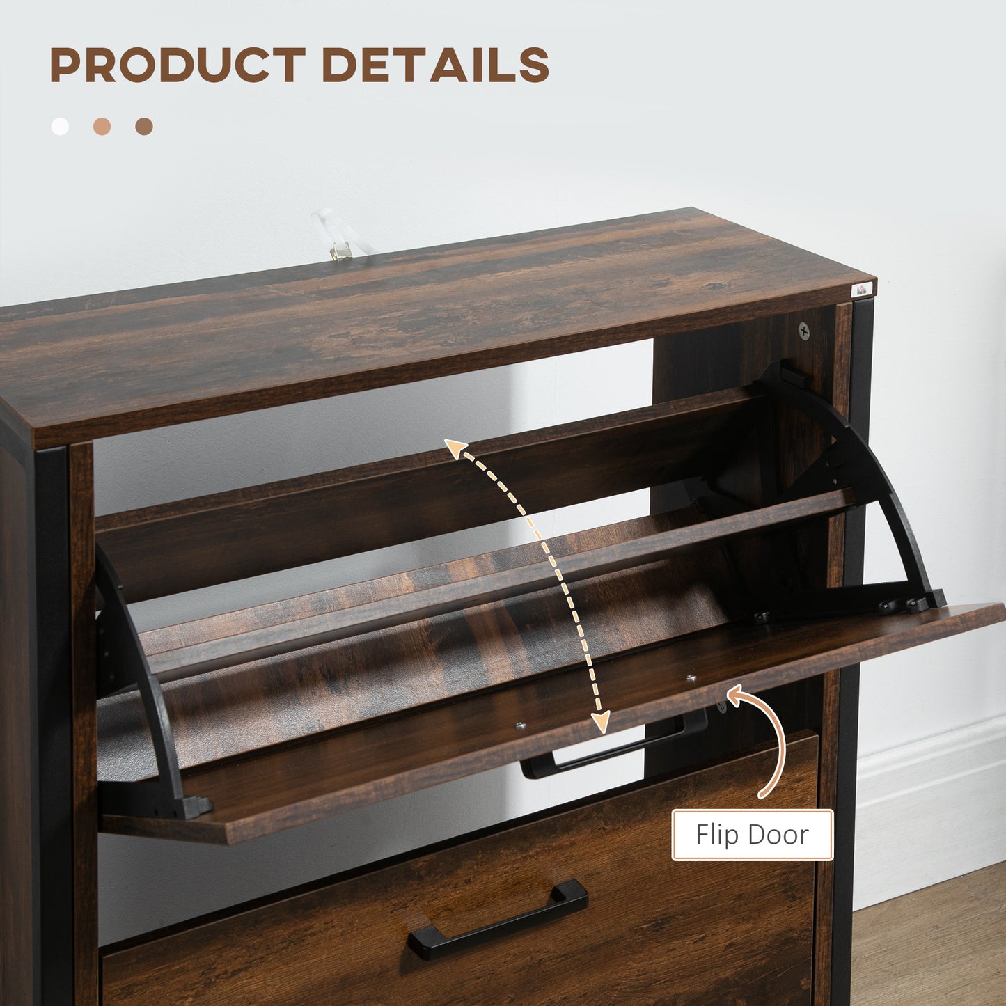 Industrial Shoe Cabinet with 2 Flip Drawers, Freestanding Shoe Storage Cabinet for 12 Pairs, Narrow Slim Shoe Rack for Entryway, Hallway, Rustic Brown
