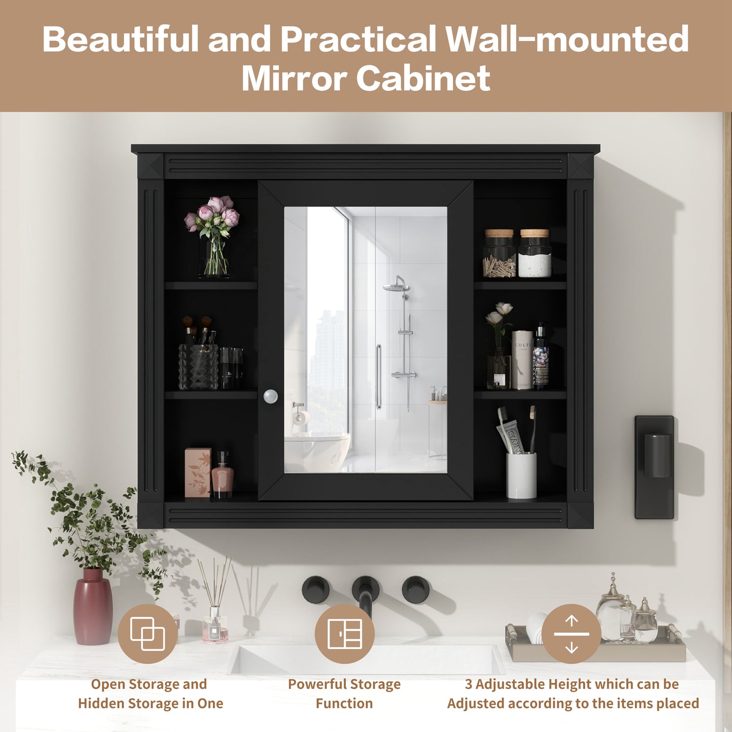 35 X 28 Wall Mounted Bathroom Storage Cabinet, Medicine Cabinet, Modern Bathroom Wall Cabinet With Mirror, Mirror Cabinet With 6 Open Shelves Not Include Bathroom Vanity