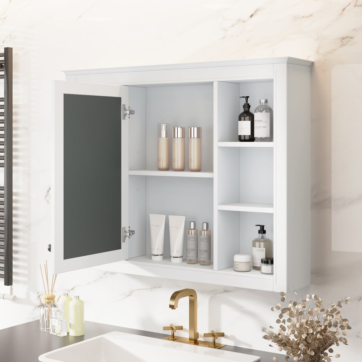 35 X 27.5 Medicine Cabinet, Wall Mounted Bathroom Storage Cabinet, Modern Bathroom Wall Cabinet With Mirror, Mirror Cabinet With 6 Open Shelves  Not Include Bathroom Vanity