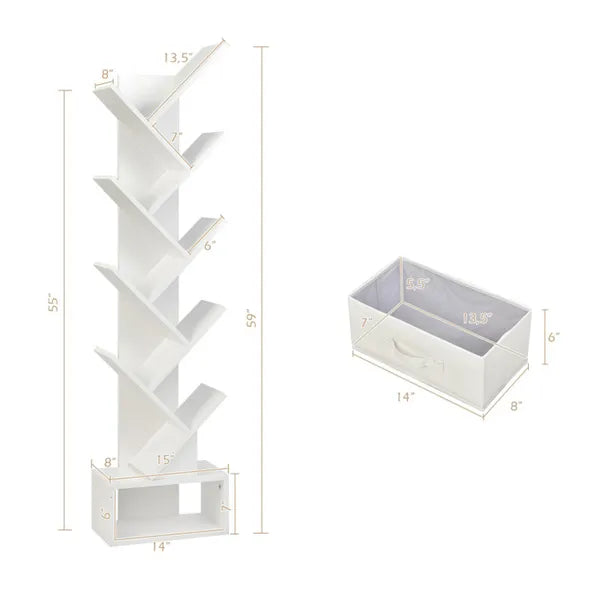 White Tree-Shaped Bookshelf, 10 Open Shelves & Foldable Fabric Drawer, Space-Saving Corner Design