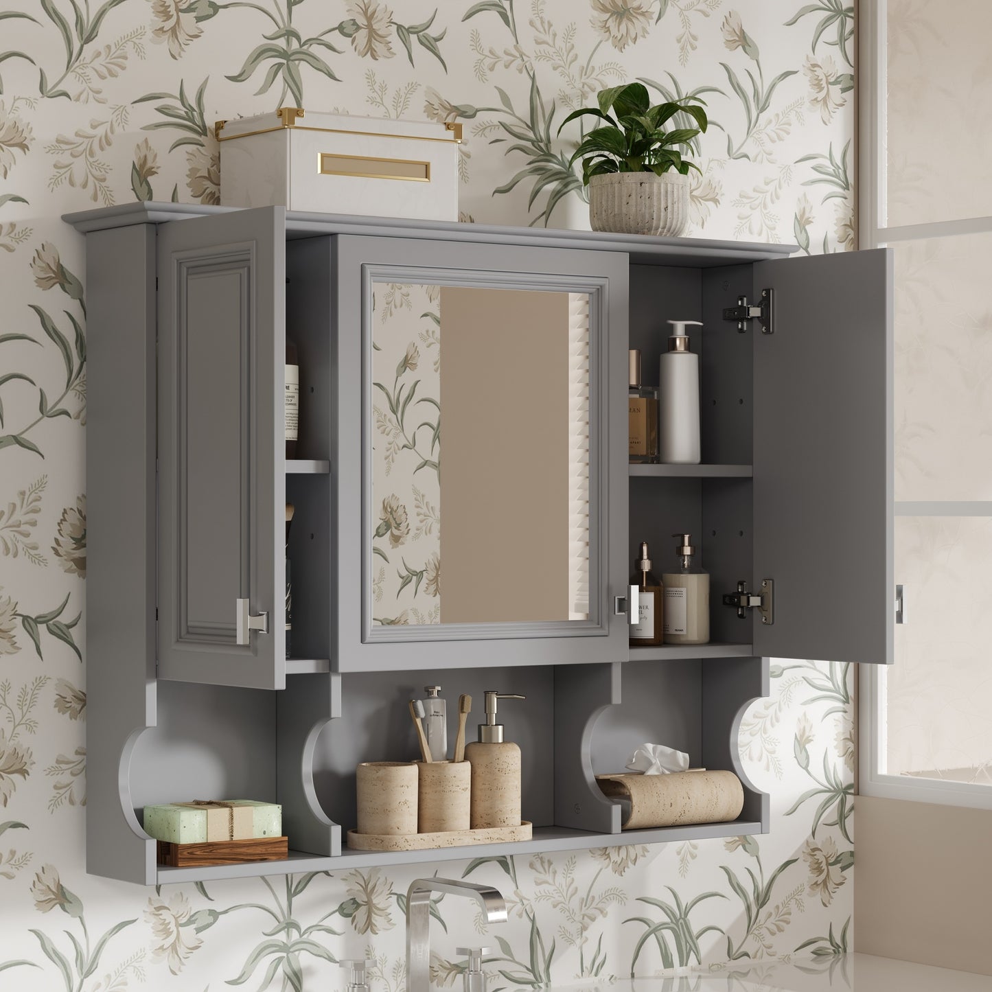 35'' X 28'' Wall Mounted Bathroom Medicine Cabinet, Modern Bathroom Wall Cabinet With Mirror,  Mirror Cabinet With Open Shelves