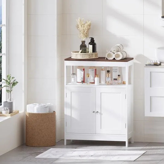 Modern Storage Cabinet With Double Doors, Free-Standing Bathroom Cabinet With Adjustable Shelf And Natural Wood Top, Multi-Purpose Organizer For Kitchen, Living Room, Bathroom Or Entryway - White