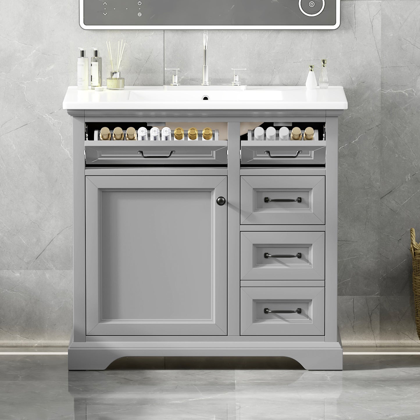 36  Bathroom Vanity With Sink, Ceramic Sink, 2 Tip-out Drawers, Soft Close Door Hinges, Light Gray