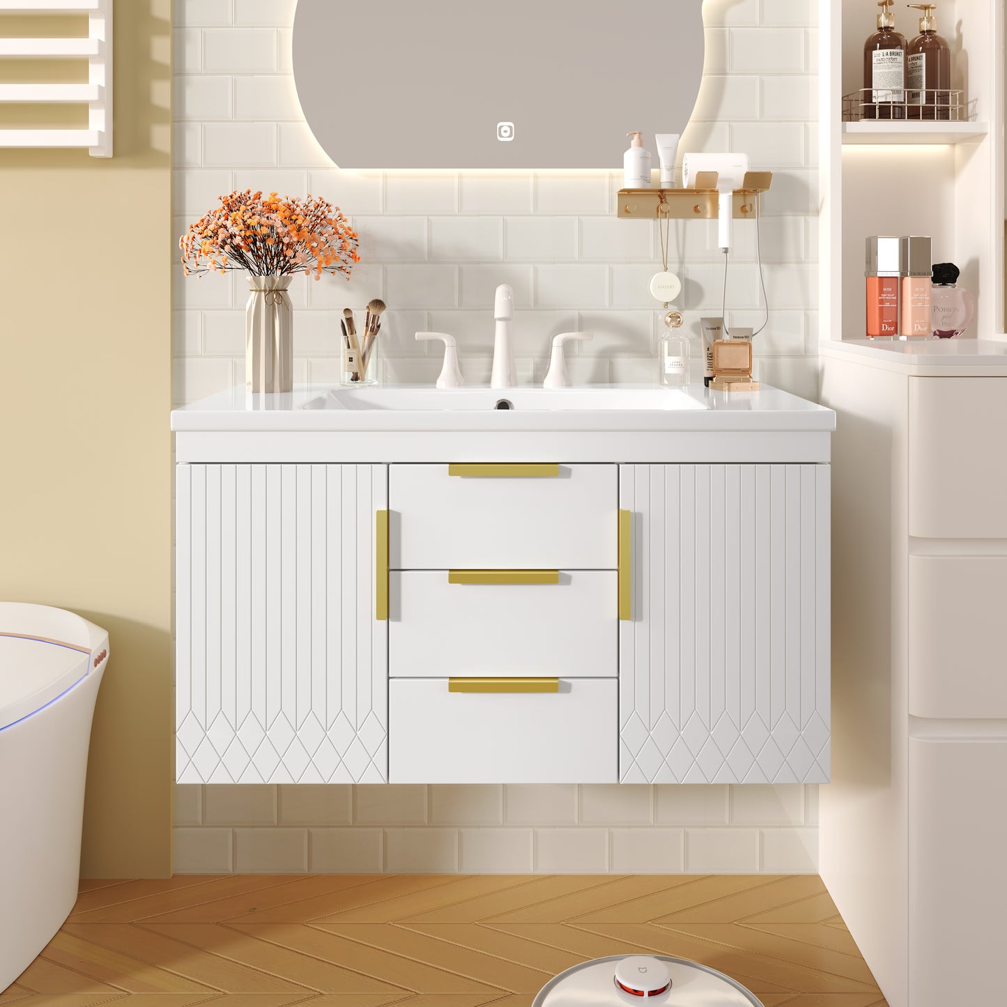 36 Wall Mounted Bathroom Vanity, Floating Bathroom Storage Cabinet With 2 Drawers, Solid Wood Bathroom Cabinet